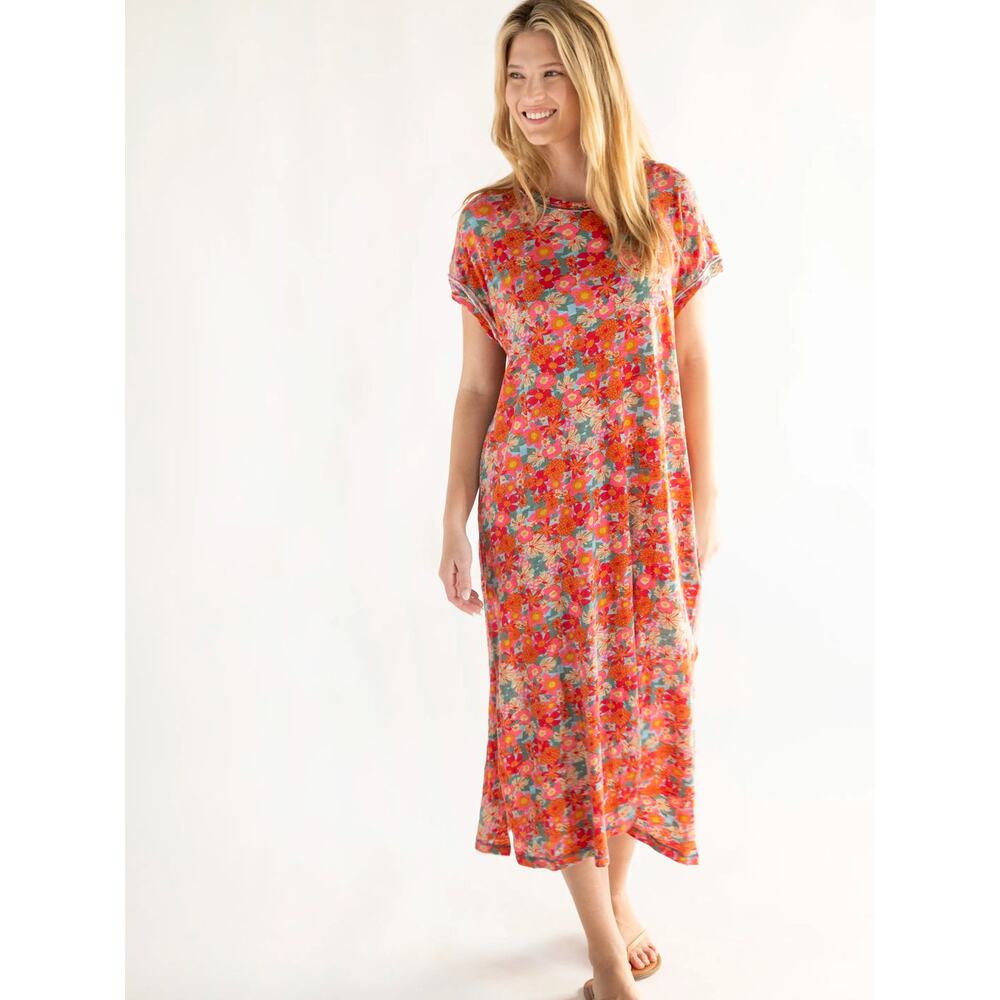Natural Life Frankie Knit Cotton Tee Midi Dress sz large pink floral - Picture 2 of 7